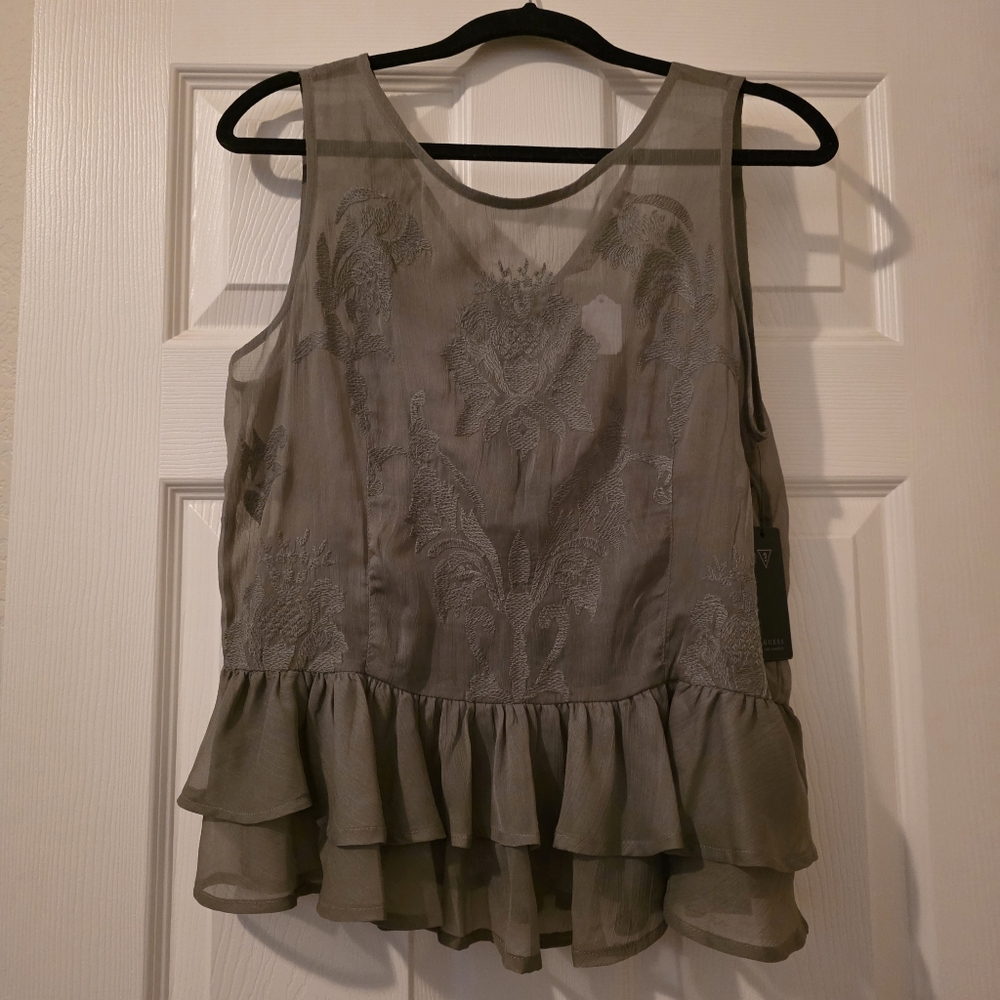 NWT - GUESS Olive Green Sheer Peplum Top